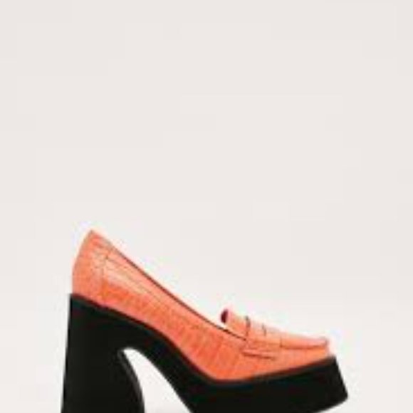 Orange Faux Leather Croc Platform Flare Heel Loafers - Picture 3 of 6